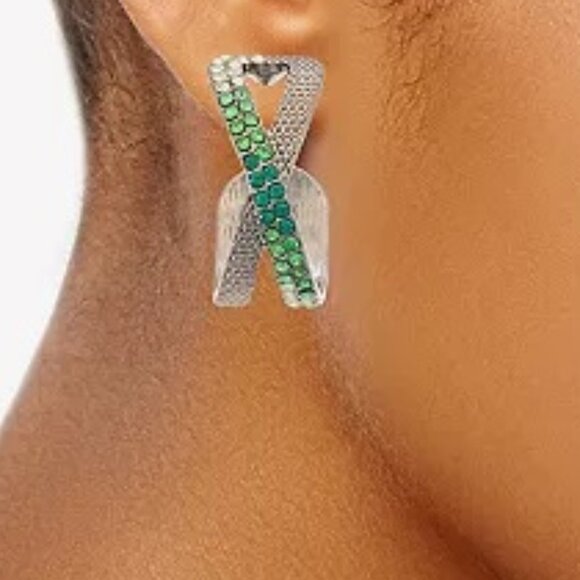 VERA WANG Rocker Chic Gunmetal Green Ombre Crystal Criss Cross Hoop Earrings - Picture 2 of 2